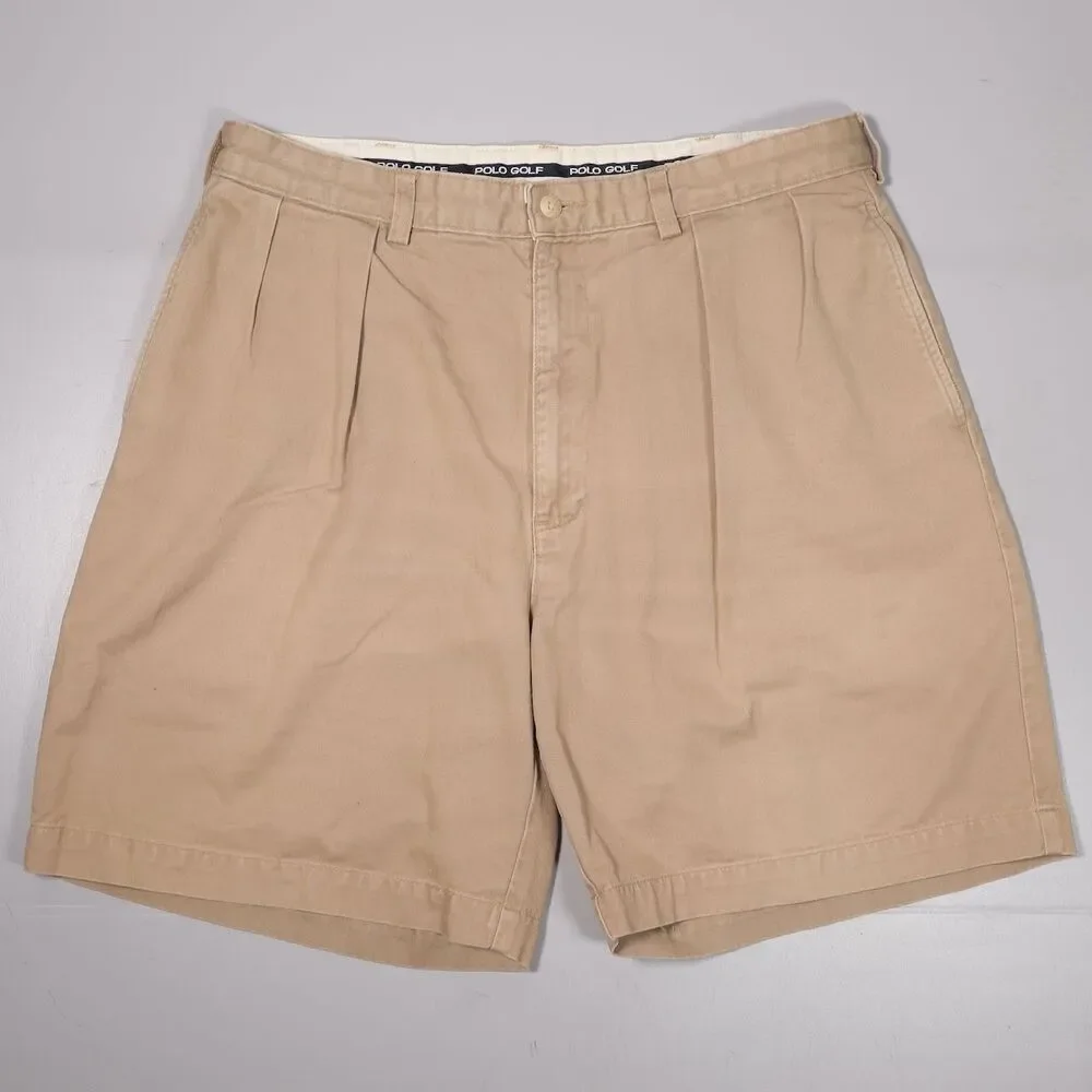VTG Polo Ralph Lauren Classic Golf Shorts Pleated Beige Cotton Mens 34 x 8
